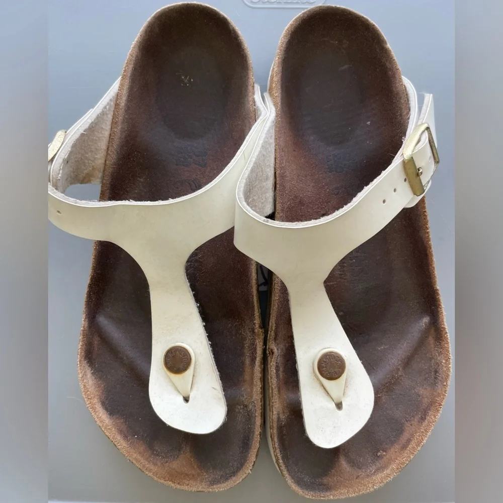 White Leather Toe-Post Sandals - Women's Comfort Footbed - Picture 4 of 6